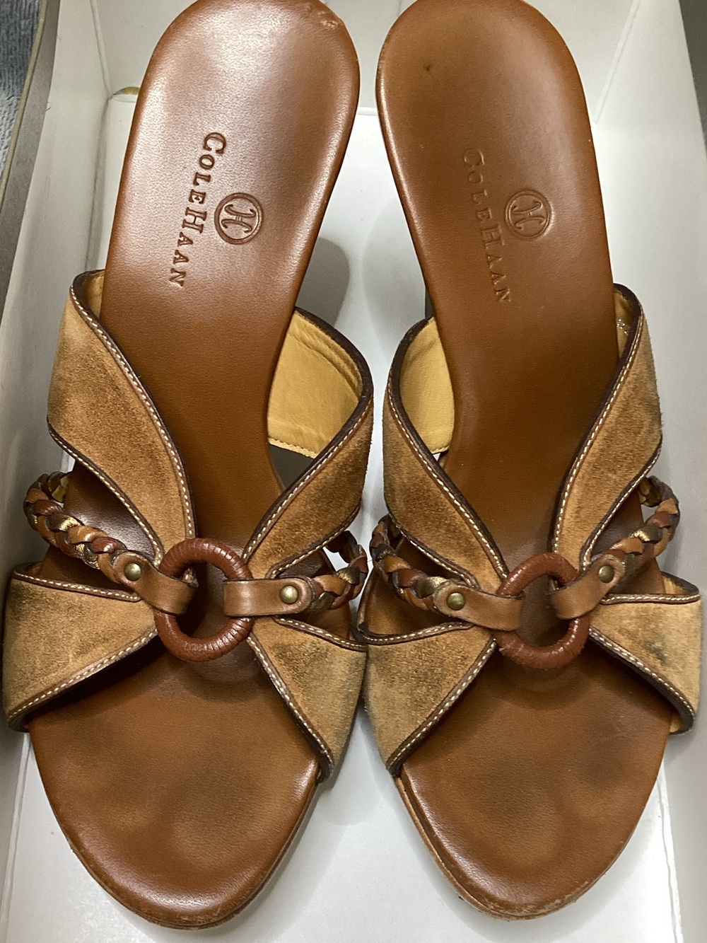Cole Haan Tan & Brown Leather Suede Ring-Trim‎ Slide Mules